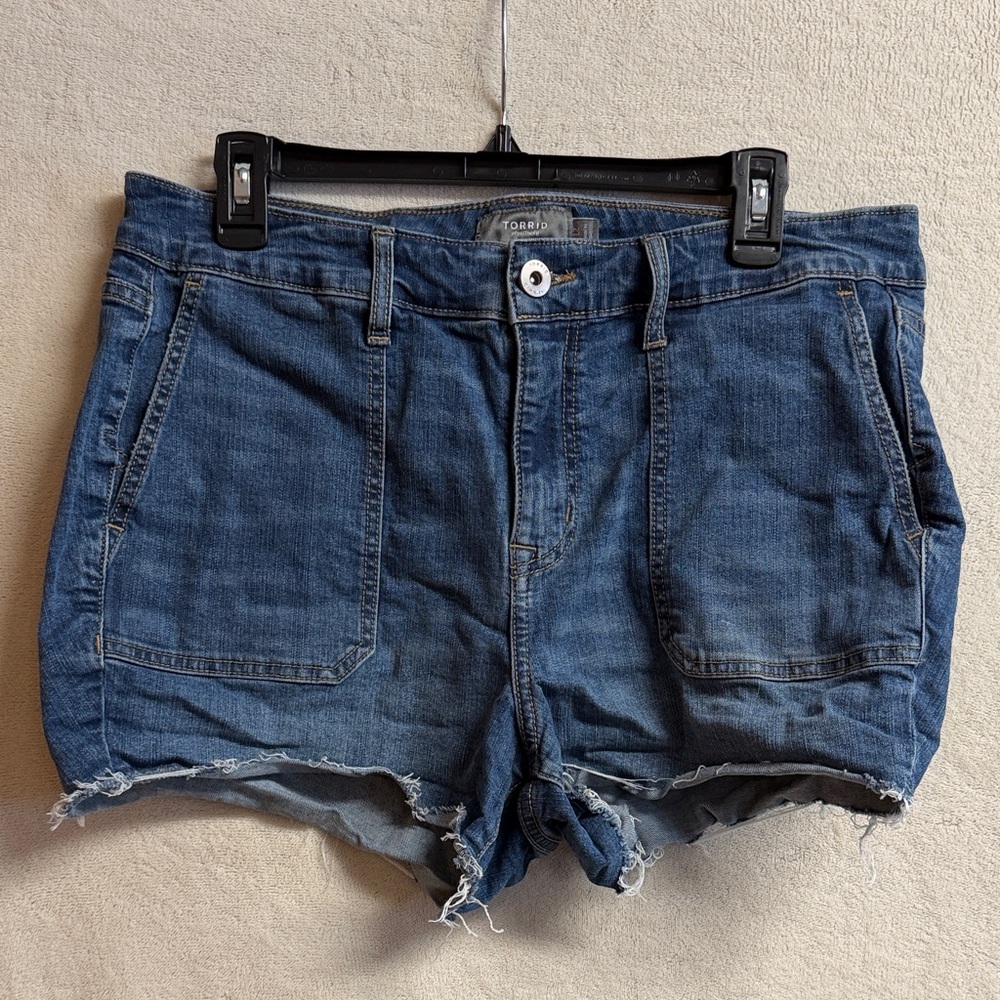torrid dark blue denim cutoff shorts with frayed hem